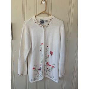 Storybook Knits Womens Large White Zip Front Butterfly Floral Embroidered Sweate